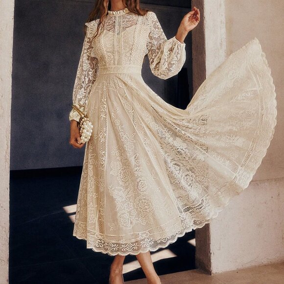 Dresses & Skirts - Apricot Elegant Women's Lace Flared Hem Long Sleeve Party Dress